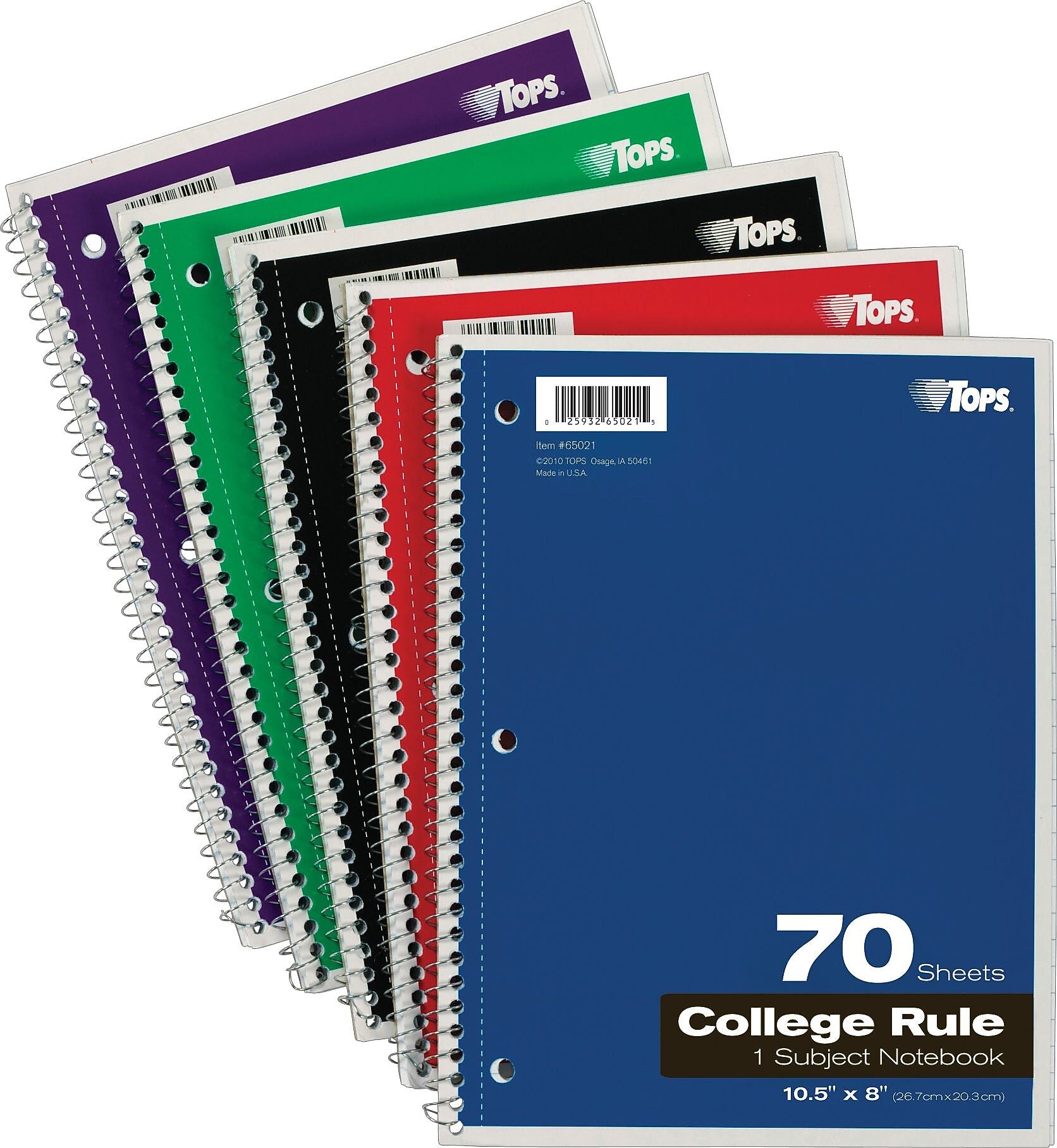 TOPS 1-Subject Notebook, 8" x 10.5", College Ruled, 70 Sheets, Assorted Colors (TOP 65021)