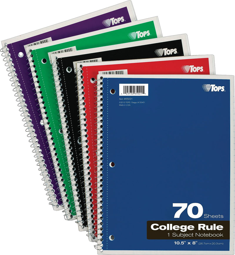TOPS 1-Subject Notebook, 8" x 10.5", College Ruled, 70 Sheets, Assorted Colors (TOP 65021)