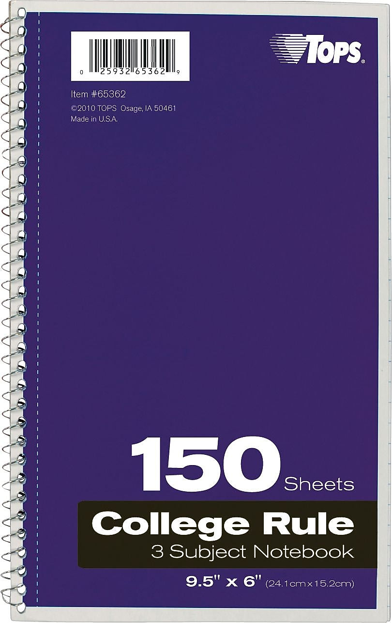 Oxford 3-Subject Notebook, 6" x 9 1/2", College Ruled, 150 Sheets, Assorted Colors, Each (65362)