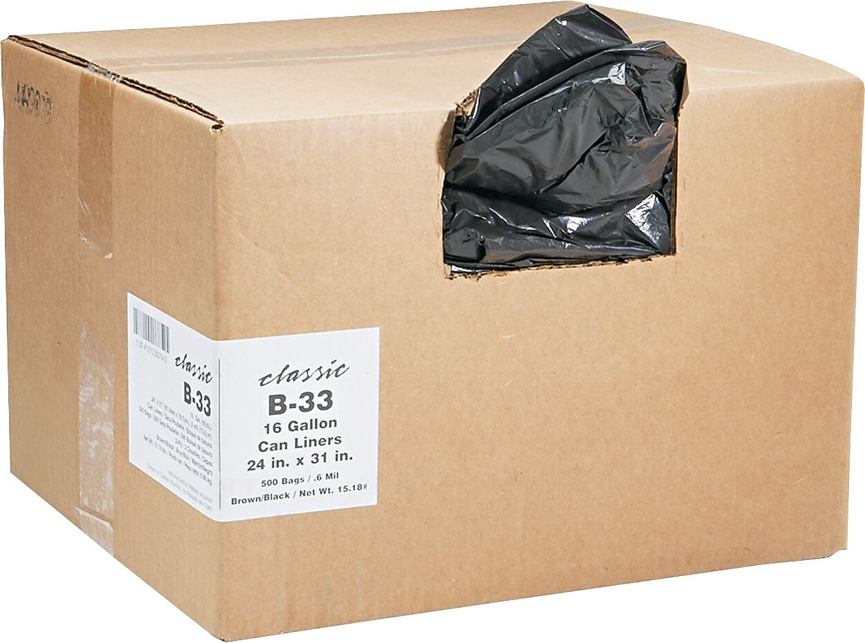 Classic Linear Low-Density Can Liners Trash Bags, 0.6 mil Thickness, Black, 16 gal, 500/Carton (WEBB33)