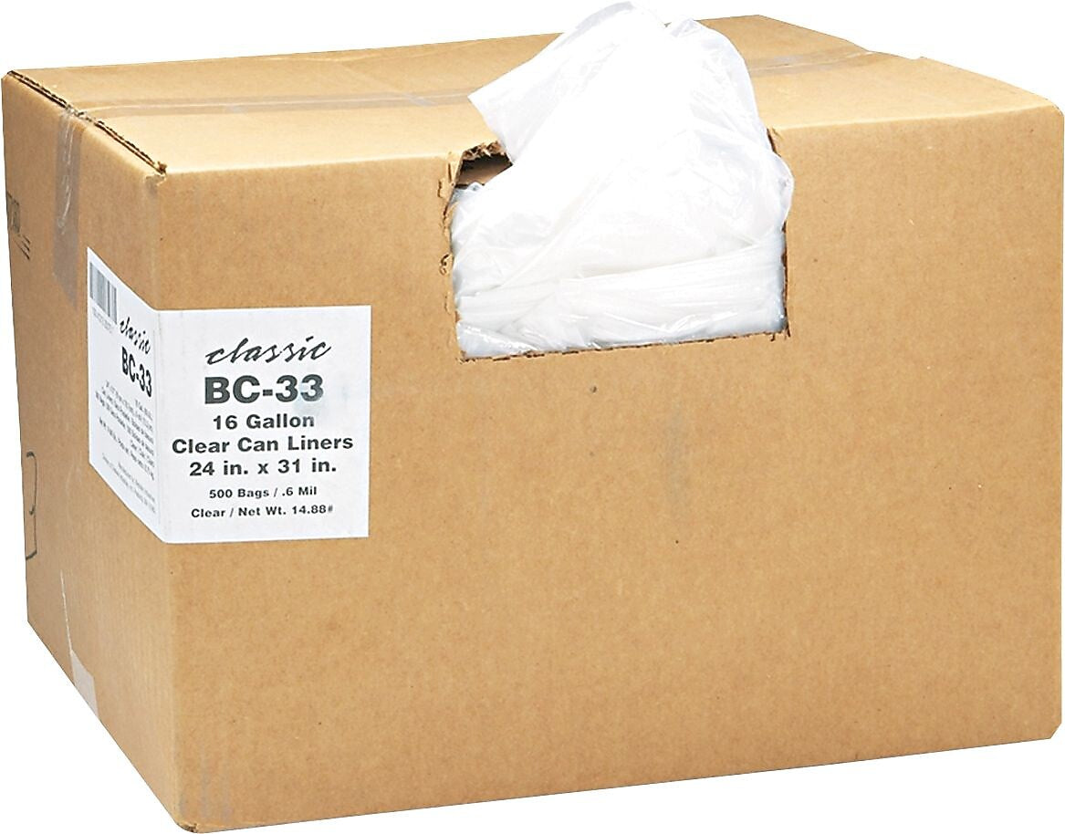 Classic Clear Linear Low-Density Can Liners Trash Bags, 0.6 mil Thickness, Clear, 16 gal, 500/Carton (WBI243115C)