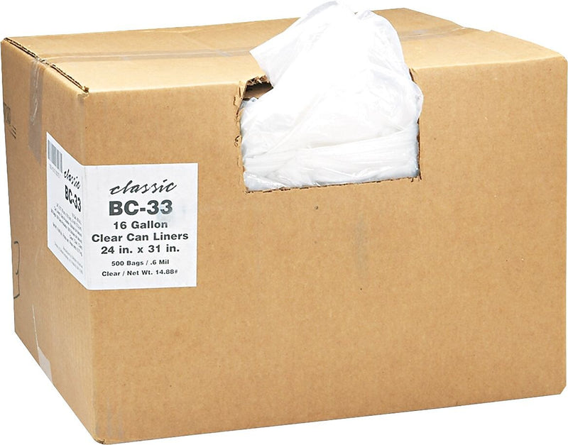 Classic Clear Linear Low-Density Can Liners Trash Bags, 0.6 mil Thickness, Clear, 16 gal, 500/Carton (WBI243115C)