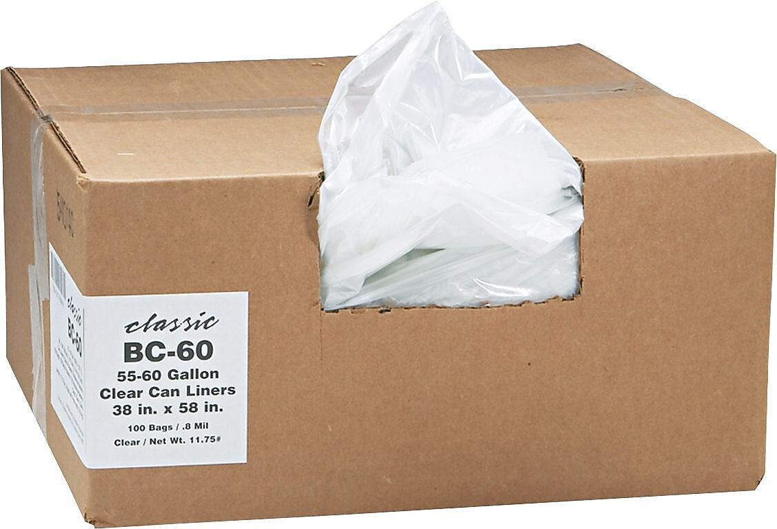 Classic Clear Linear Low-Density Can Liners Trash Bags, 0.9 mil Thickness, Clear, 60 gal, 100/Carton (WEBBC60)