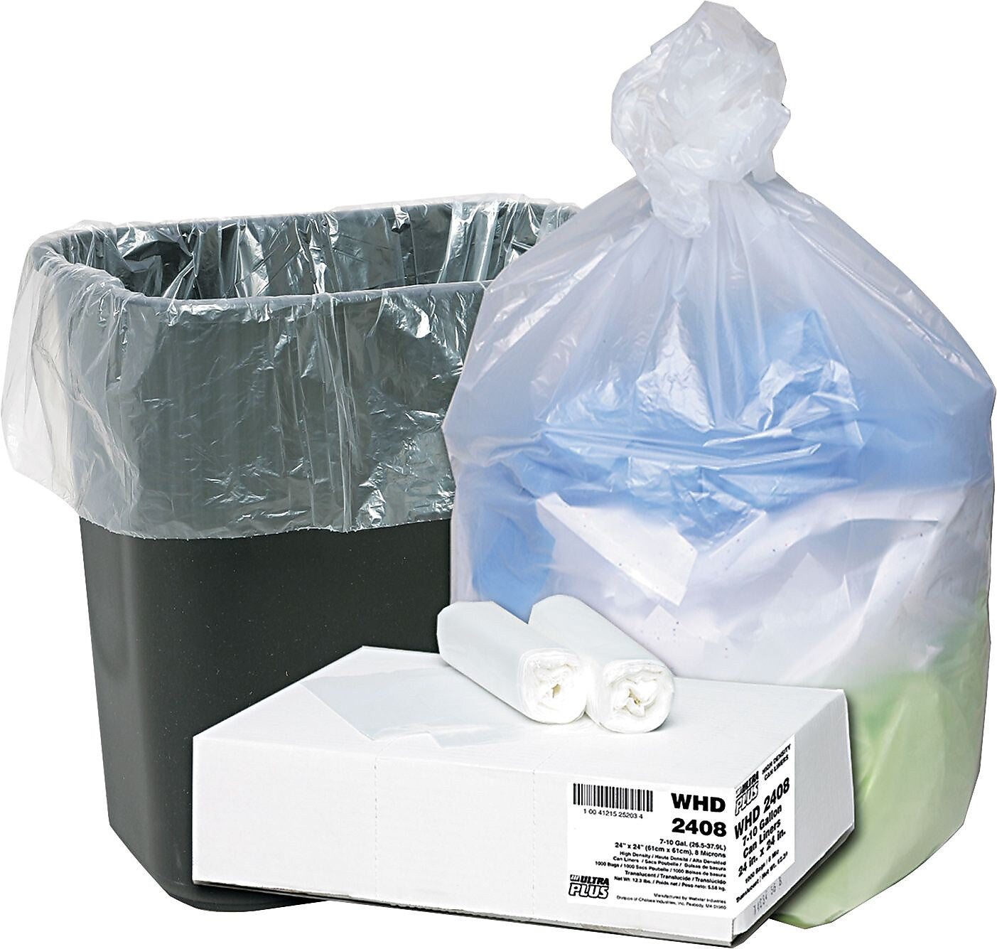 Ultra Plus® Can Liners Trash Bags, 8 microns Thickness, Natural, 10 gal, 1000/Carton (WHD2408)