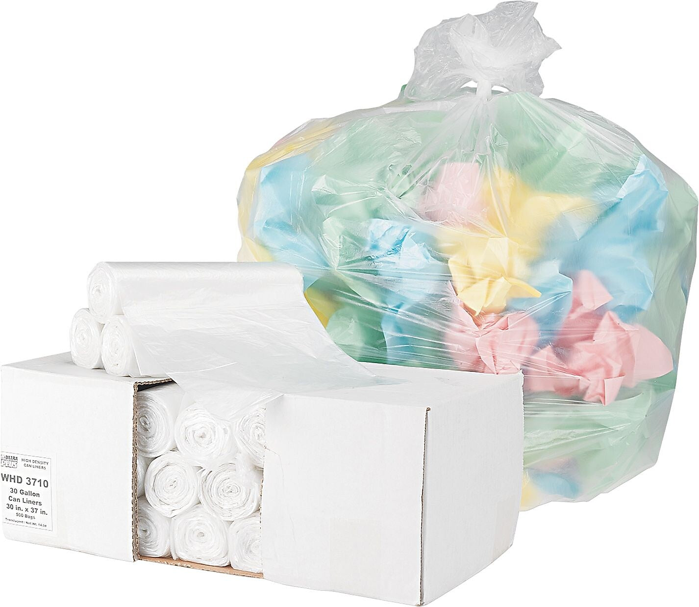 Ultra Plus® Can Liners Trash Bags, 10 microns Thickness, Natural, 30 gal, 500/Carton (WHD3710)