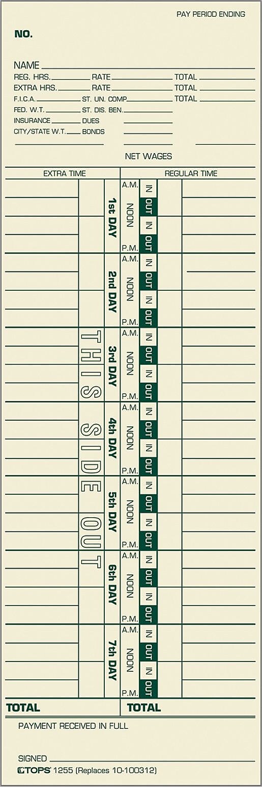 TOPS® Weekly Time Cards - Named Days, 10 1/2" x 3 1/2", 500/Bx (1255)