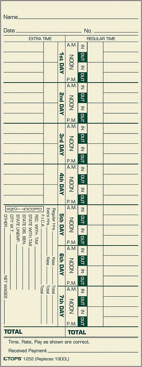 TOPS Weekly Time Cards - Named Days, 9" x 3 1/2", 500/Bx (TOP1252)