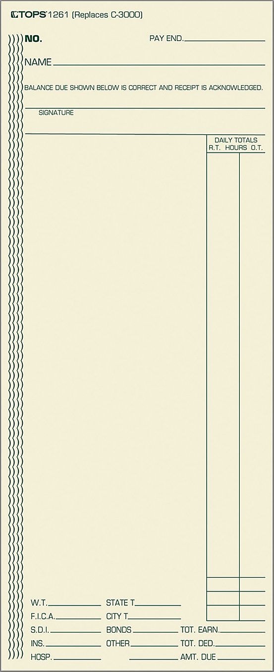 TOPS Weekly Time Cards, 8.25" x 3.37", 500/Box (1261)