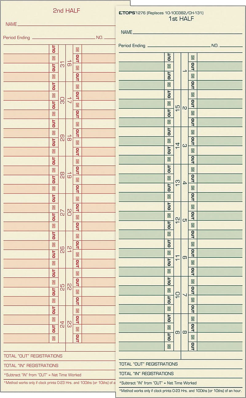 TOPS® Semi-Monthly Time Cards - Numbered Days, 10 1/2" x 3 1/2", 500/Bx (TOP1276)