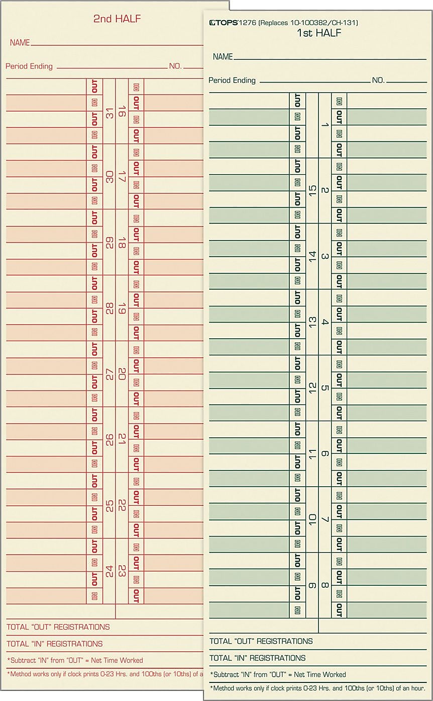 TOPS® Semi-Monthly Time Cards - Numbered Days, 10 1/2" x 3 1/2", 500/Bx (TOP1276)