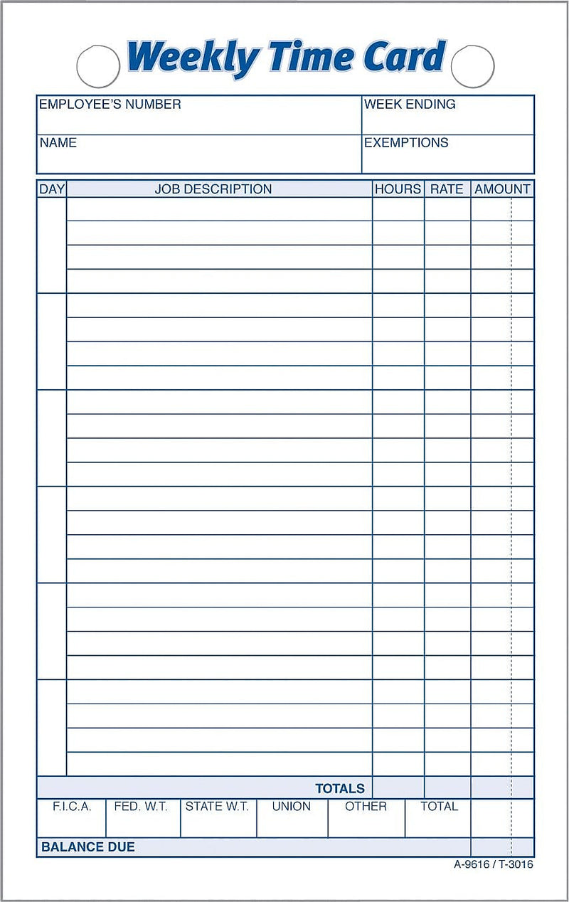 TOPS® Weekly Time Cards, 6 3/4" x 4 1/4", 1/Ea