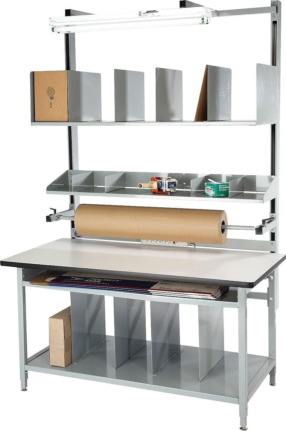 Pro-Line Packing Bench in a Box Series with 1 3/4" Solid Maple Top, Light Gray, 60"W x 30"D x 30" to 36"H, Uprights Extend 60"