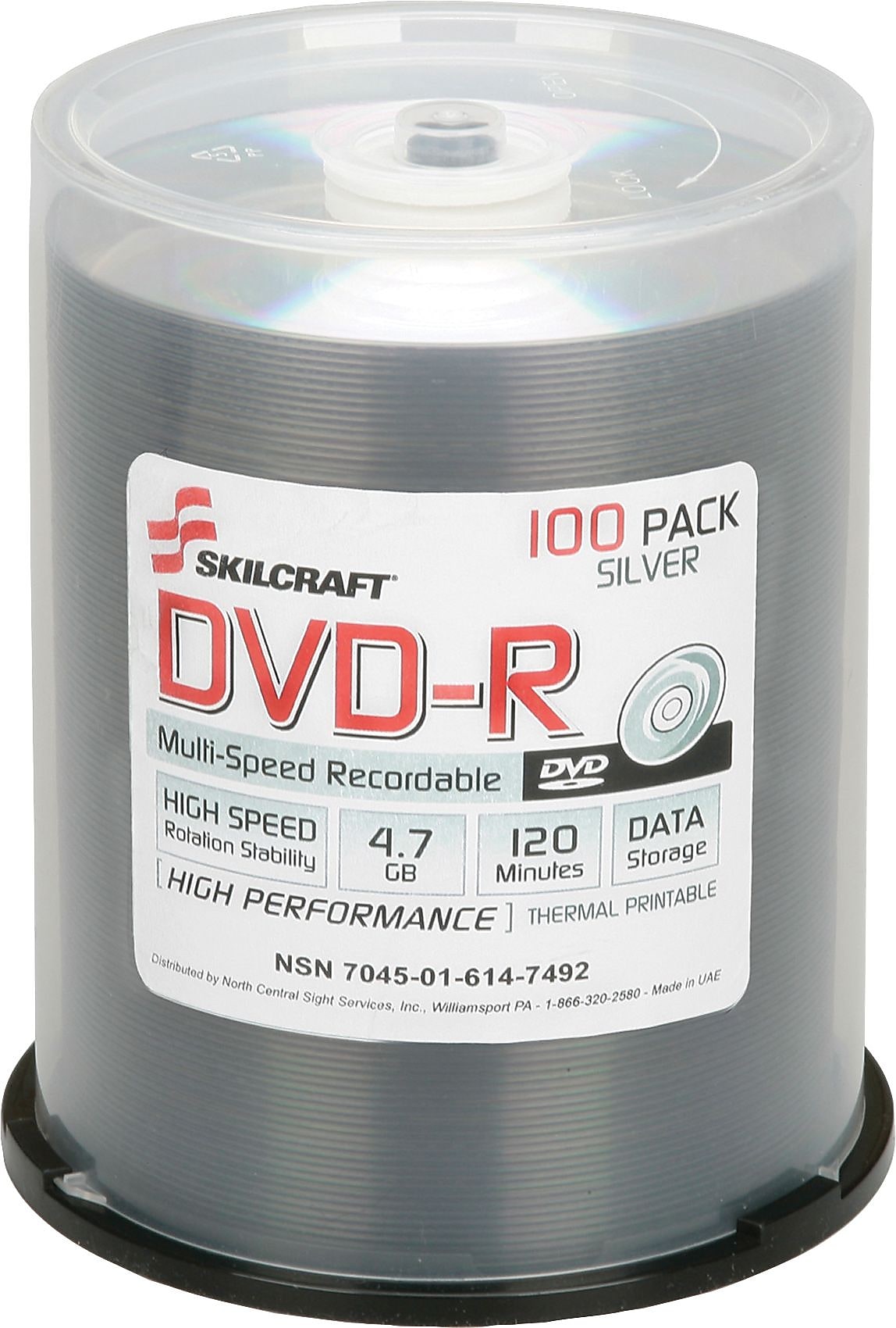 AbilityOne SKILCRAFT DVD Recordable Media, DVD-R, 4.70 GB Spindle, 120mm, Thermal Printable, 2 Hour Maximum Recording Time