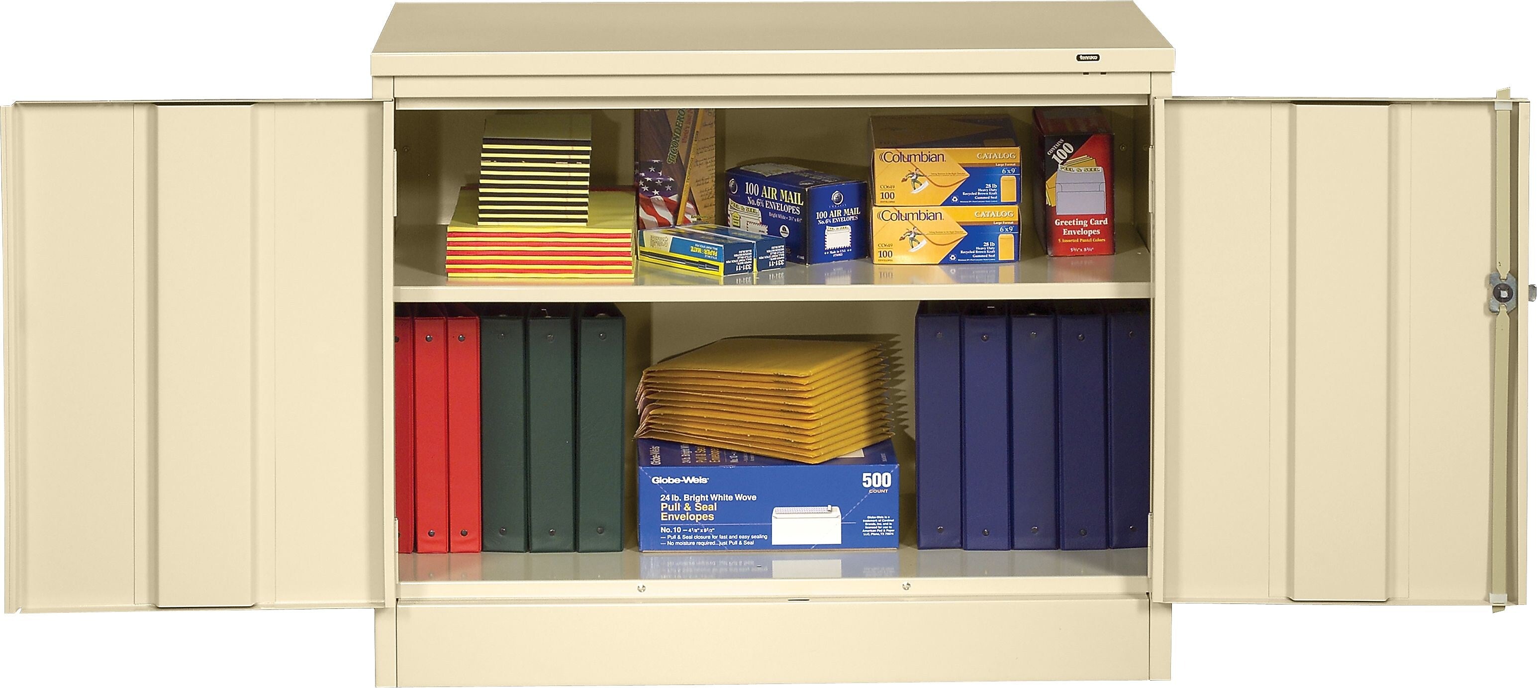 Tennsco Standard Desk-Height Storage Cabinet with Double Hinge Doors, 2-Shelf, Putty, 30"H x 36"W x 18"D