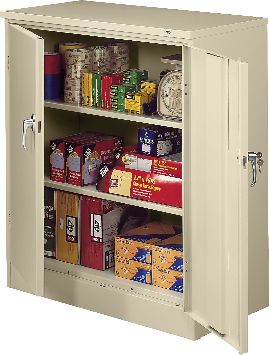 Tennsco Deluxe Counter-Height Storage Cabinet with Double Hinge Doors, 3-Shelf, Putty, 42"H x 36"W x 18"D