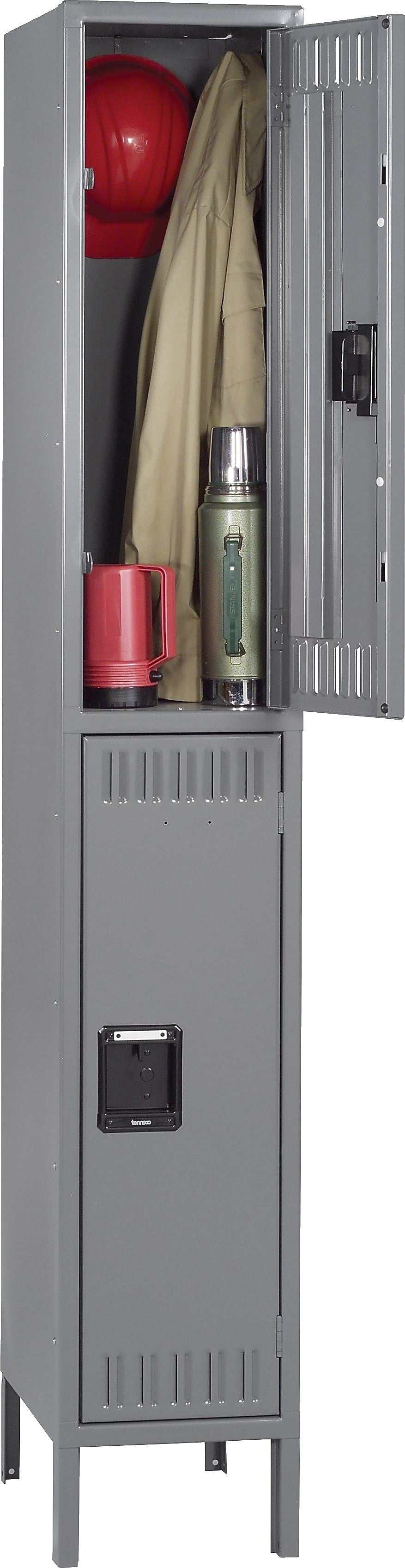 Tennsco Double Tier Locker with Legs, Single Unit, 2 Lockers, Medium Grey, 78"H x 12"W x 18"D