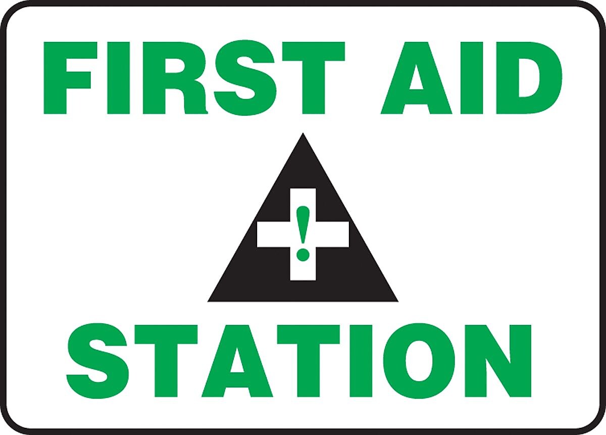 Accuform 10" x 14" Adhesive Vinyl Safety Sign "FIRST AID STATION", Green/Black On White (MFSD960VS)