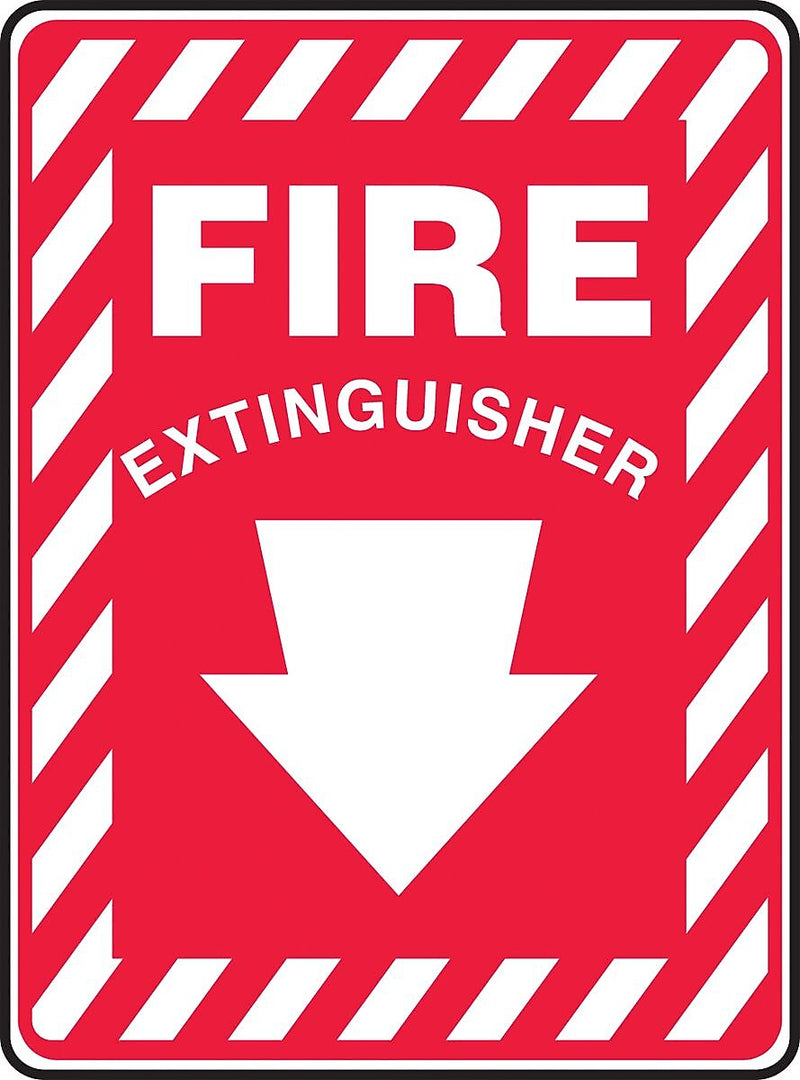 Accuform 14" x 10" Vinyl Fire Safety Sign "FIRE EXTINGUISHER (ARROW)", White On Red (MFXG908VS)
