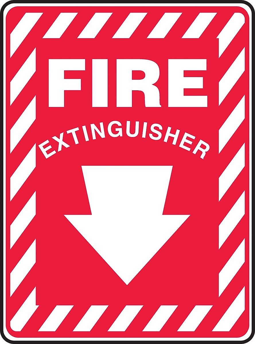 Accuform 14" x 10" Vinyl Fire Safety Sign "FIRE EXTINGUISHER (ARROW)", White On Red (MFXG908VS)