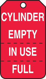 Accuform 5 3/4" x 3 1/4" RP-Plastic Cylinder Tag "CYLINDER EMPTY IN USE/FULL", White On Red, 25/Pack (MGT206PTP)