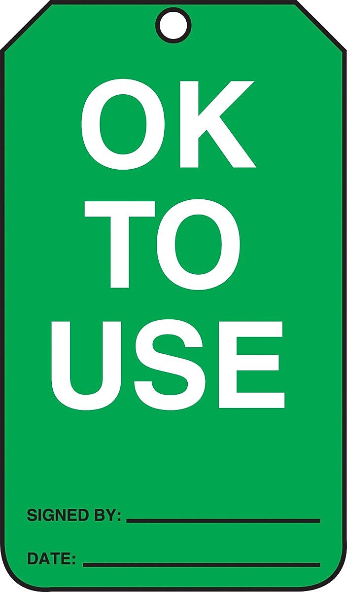 Accuform 5 3/4" x 3 1/4" PF-Cardstock Status Tags "OK TO USE", White/Black On Green, 25/Pack (MGT217CTP)