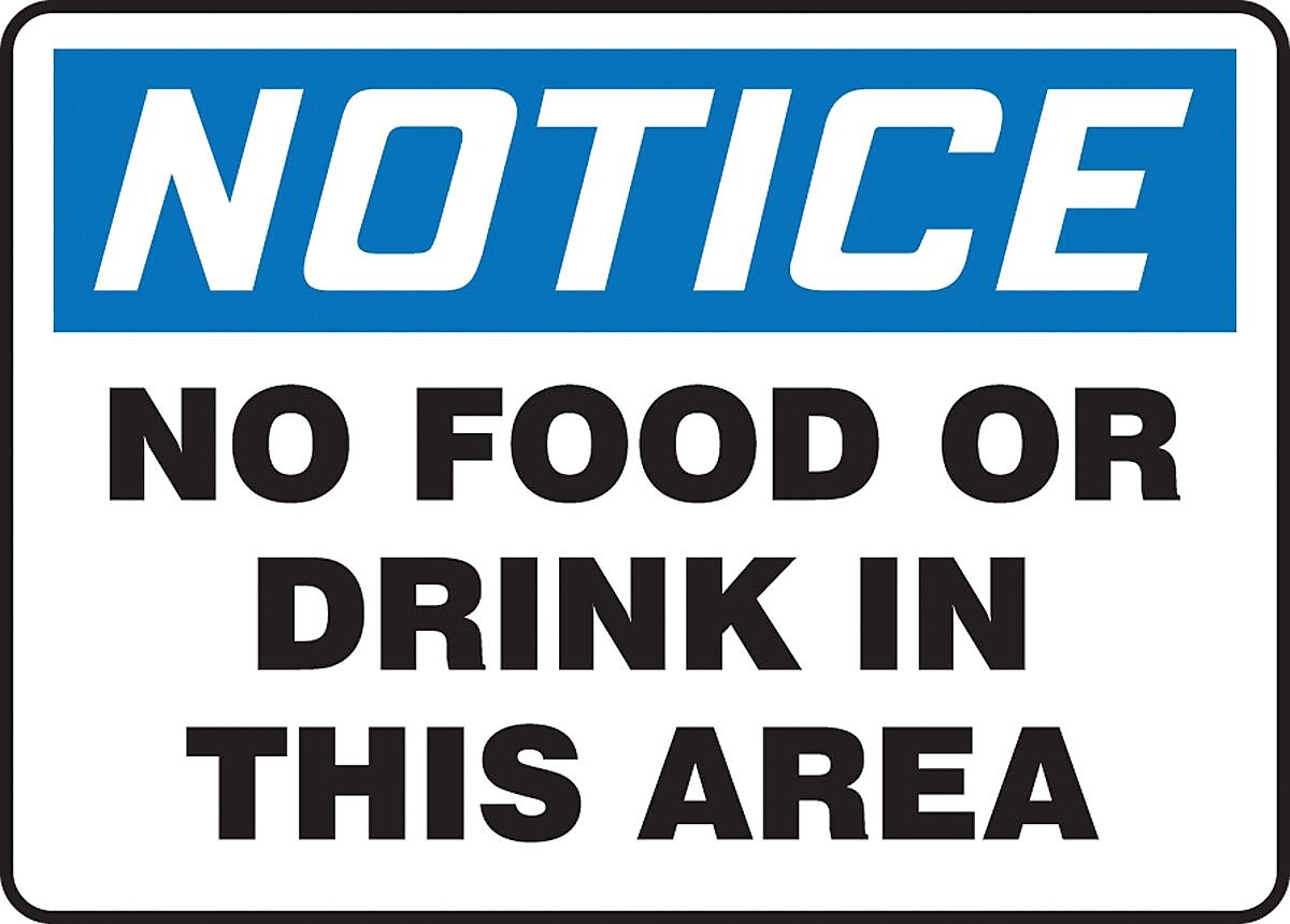 Accuform 7" x 10" Plastic Housekeeping Sign "NOTICE NO FOOD..", Blue/Black On White (MHSK801VP)