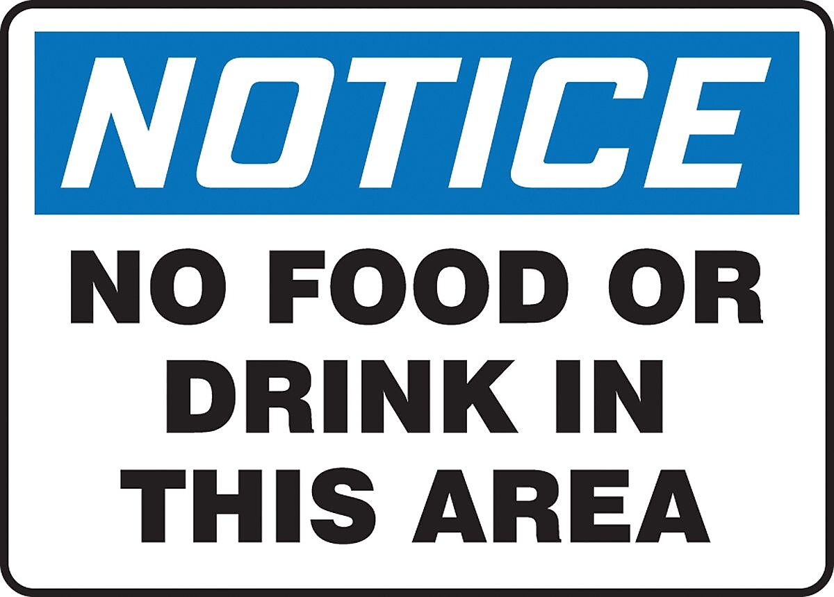 Accuform 10" x 14" Plastic Housekeeping Sign "NOTICE NO FOOD..", Blue/Black On White (MHSK838VP)