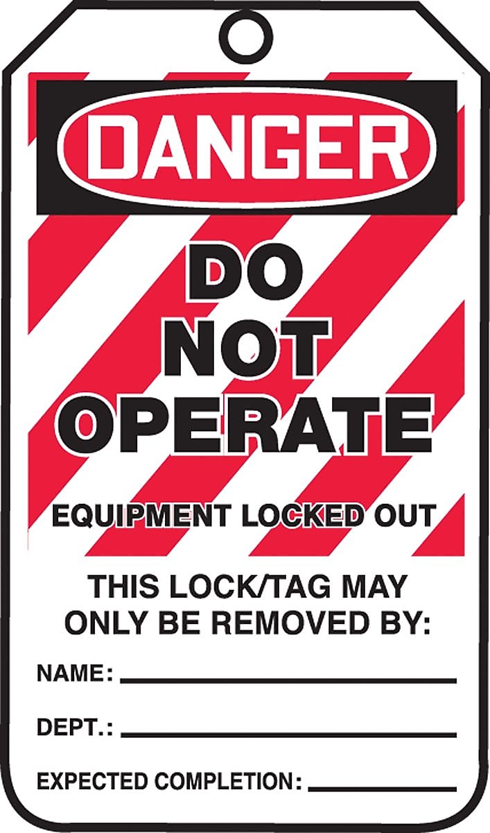 Accuform 5 3/4" x 3 1/4" RP-Plastic Lockout Tag "DANGER..LOCKED OUT", Red/Black On White, 25/Pack (MLT405PTP)
