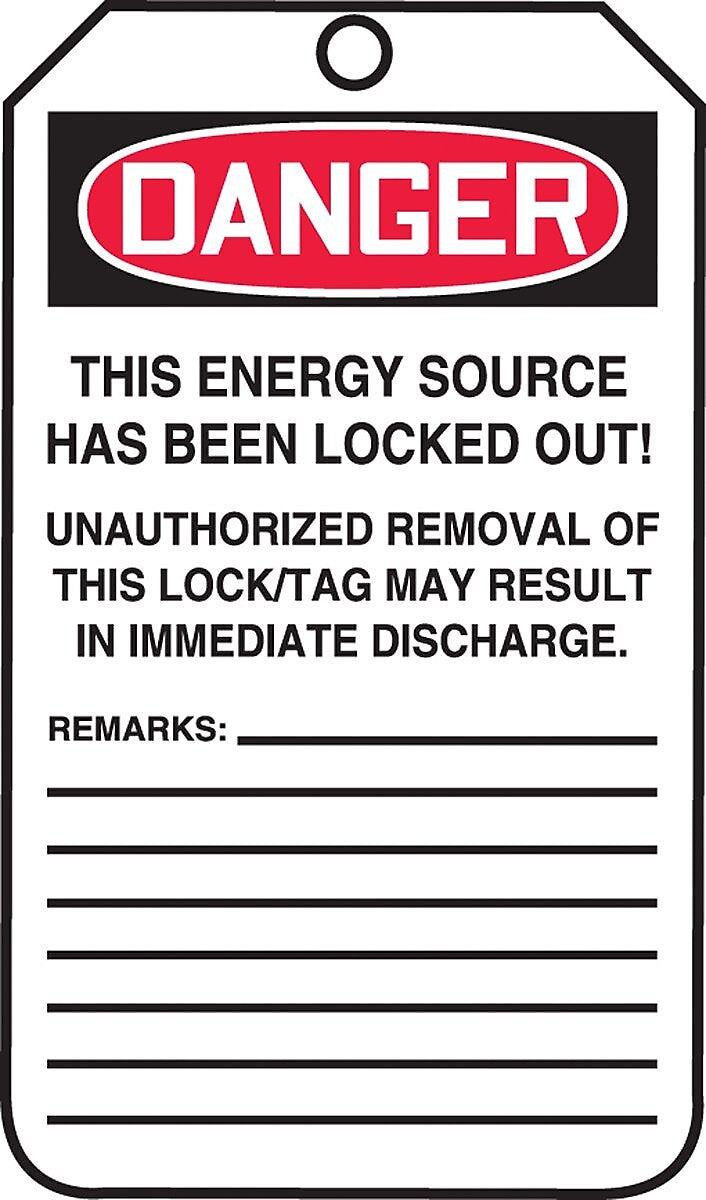 Accuform 5 3/4" x 3 1/4" RP-Plastic Lockout Tag "DANGER..BE REMOVED BY", Red/Black On White, 25/Pack (MLT406PTP)