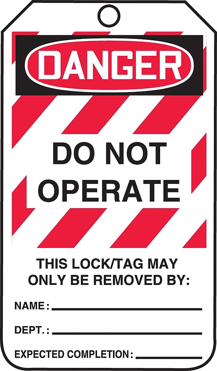 Accuform 5 3/4" x 3 1/4" PF-Cardstock Lockout Tag "DANGER..BE REMOVED BY", Red/Black On White, 25/Pack (MLT406CTP)