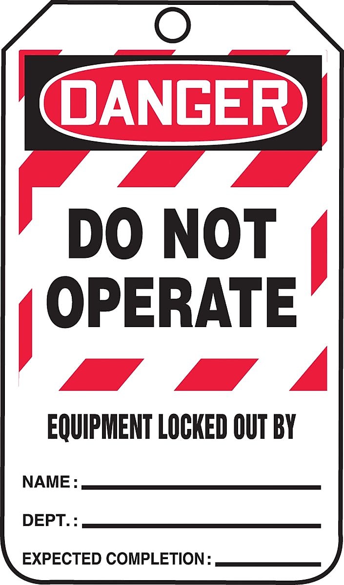 Accuform 5 3/4" x 3 1/4" PF-Cardstock Lockout Tag "DANGER..LOCKED OUT BY", Red/Black On White, 25/Pack (MLT409CTP)