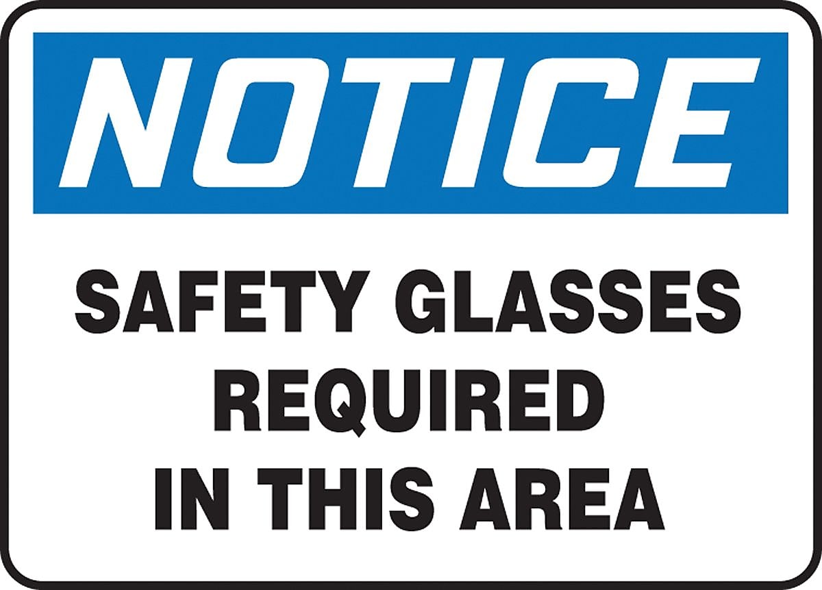 Accuform 10" x 14" Vinyl Safety Sign "NOTICE SAFETY GLASSES REQUIRED..", Blue/Black On White (MPPA801VS)