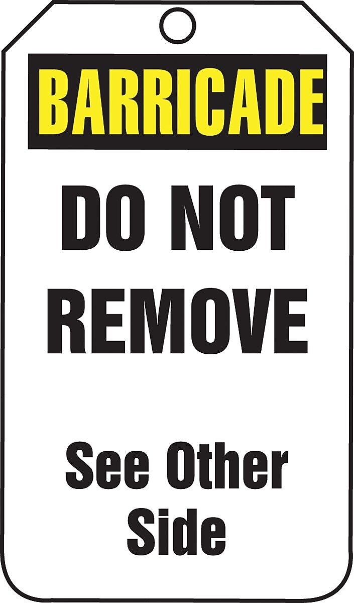 Accuform 5 3/4" x 3 1/4" PF-Cardstock Barricade Tag "BARRICADE", Yellow/Black On White, 25/Pack (TAB101CTP)