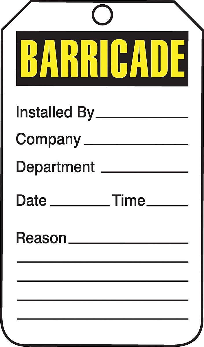 Accuform 5 3/4" x 3 1/4" RP-Plastic Barricade Tag "BARRICADE", Yellow/Black On White, 25/Pack (TAB101PTP)