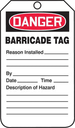 Accuform 5 3/4" x 3 1/4" RP-Plastic Barricade Tag "DANGER BARRICADE..", Red/Black On White, 25/Pack (TAB104PTP)