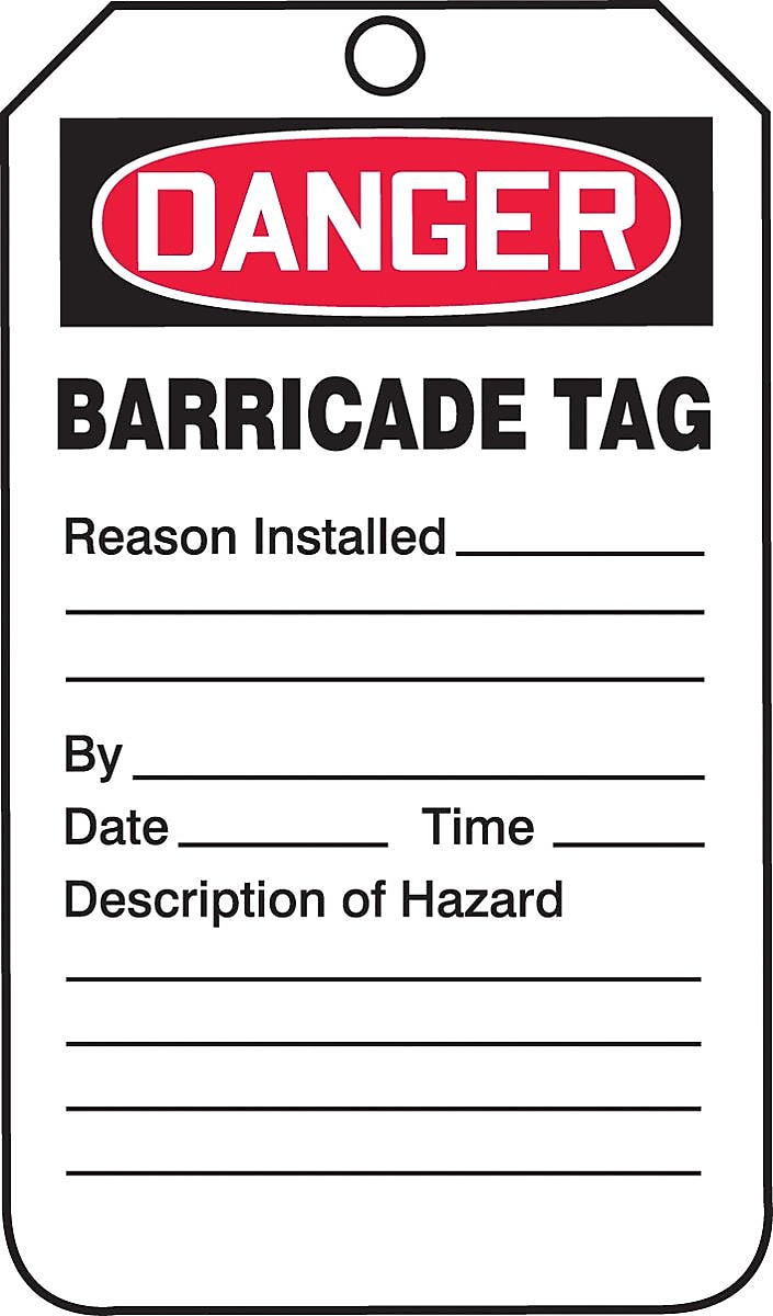 Accuform 5 3/4" x 3 1/4" PF-Cardstock Barricade Tag "DANGER BARRICADE..", Red/Black On White, 25/Pack (TAB104CTP)