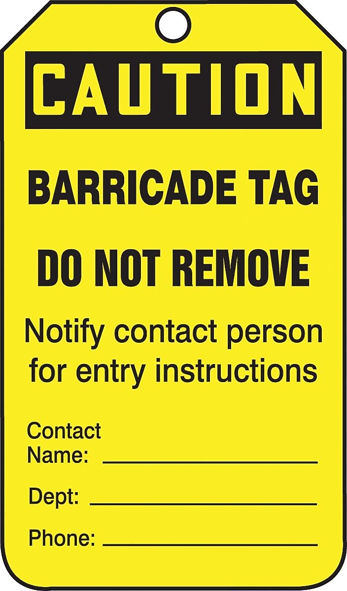 Accuform 5 3/4" x 3 1/4" RP-Plastic Barricade Tag "CAUTION BARRICADE..", Black On Yellow, 25/Pack (TAB105PTP)