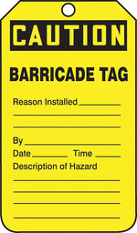 Accuform 5 3/4" x 3 1/4" PF-Cardstock Barricade Tag "CAUTION BARRICADE..", Black On Yellow, 25/Pack (TAB105CTP)