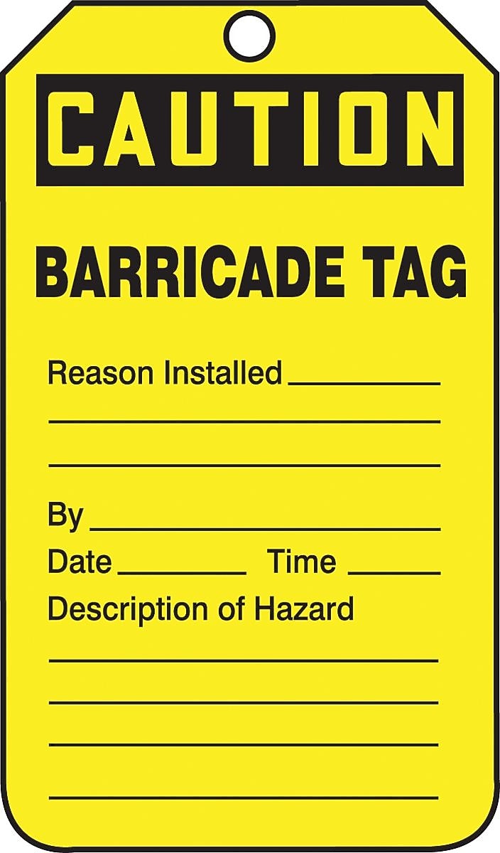 Accuform 5 3/4" x 3 1/4" RP-Plastic Barricade Tag "CAUTION BARRICADE..", Black On Yellow, 25/Pack (TAB105PTP)