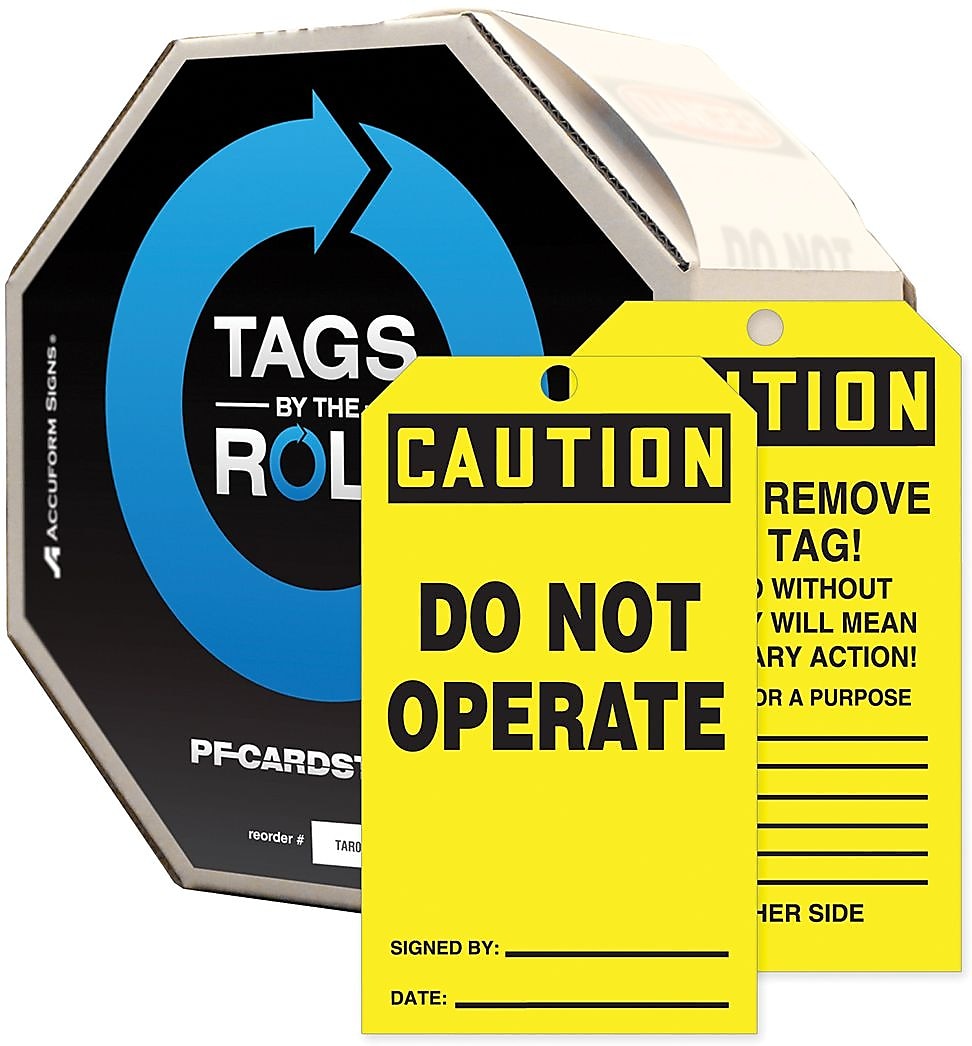 Accuform 6 1/4" x 3" Tags By-The-Roll "CAUTION DO NOT OPERATE", Black On Yellow, 100/Roll (TAR130)