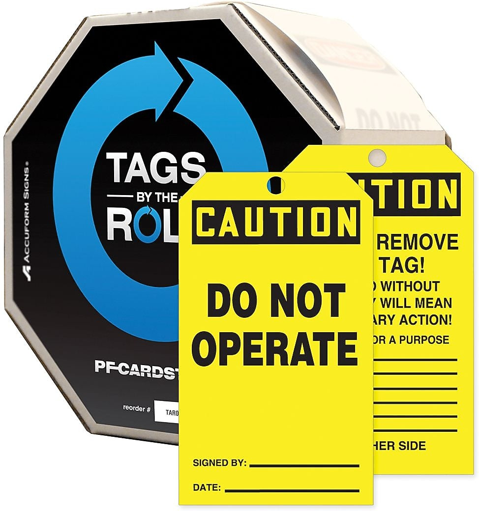 Accuform 6 1/4" x 3" Tags By-The-Roll "CAUTION DO NOT OPERATE", Black On Yellow, 250/Roll (TAR152)