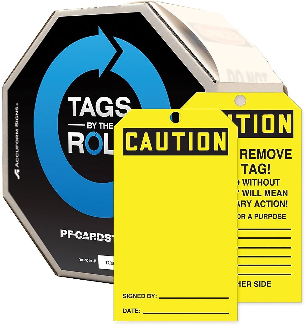 Accuform 6 1/4" x 3" Cardstock Tags By-The-Roll " CAUTION..", Black On Yellow, 250/Roll (TAR156)
