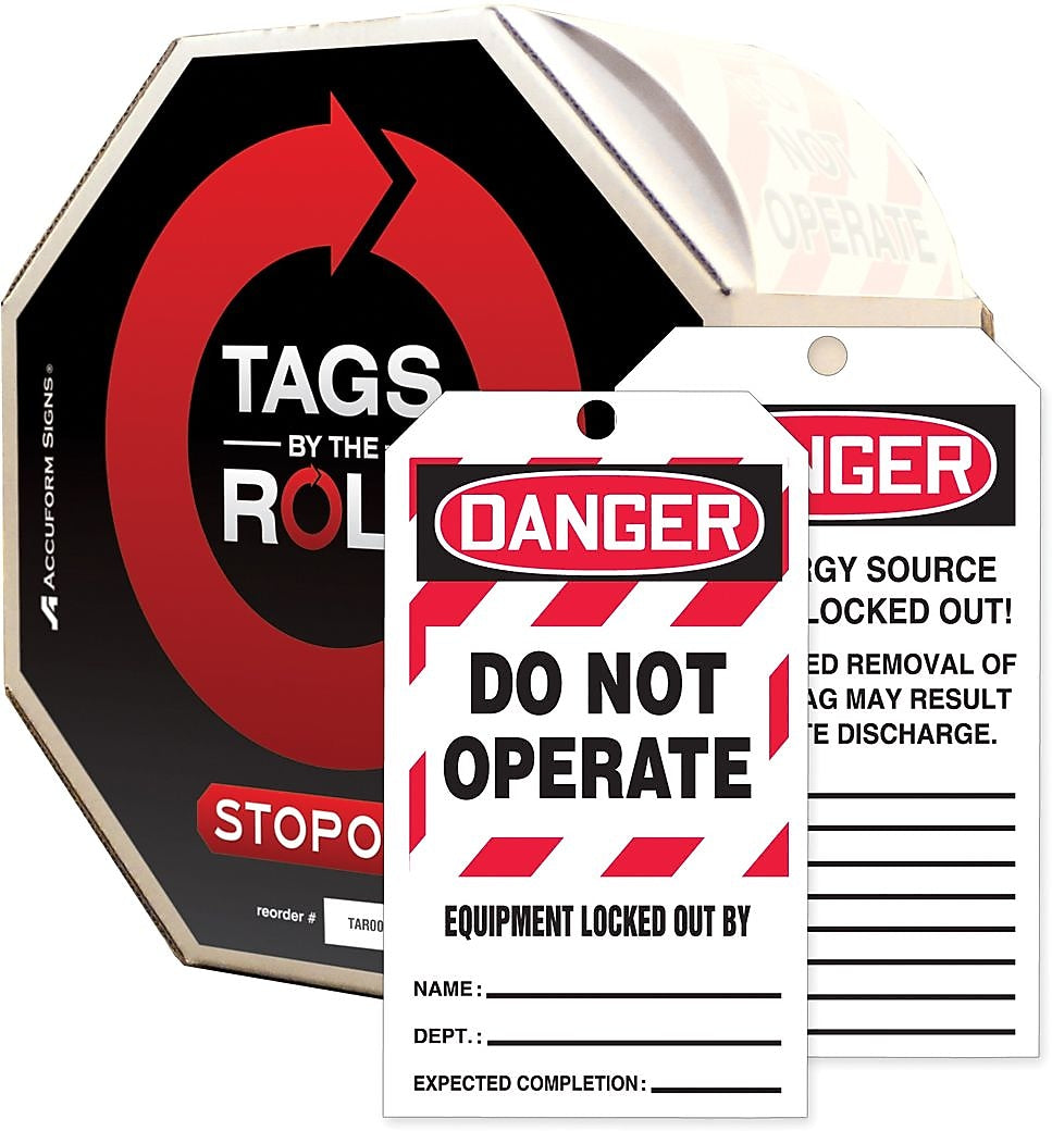 Accuform Tags By-The-Roll 6 1/4" x 3" Lockout Tag "DANGER.. EQ..", Black/Red On White (TAR404)