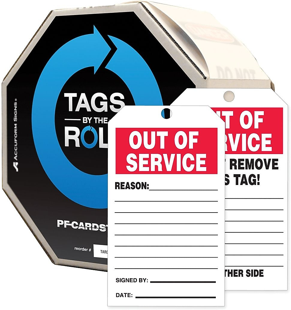 Accuform 6 1/4" x 3" PF-Cardstock Tags By-The-Roll "OUT..", Red/Black On White, 100/Roll (TAR714)