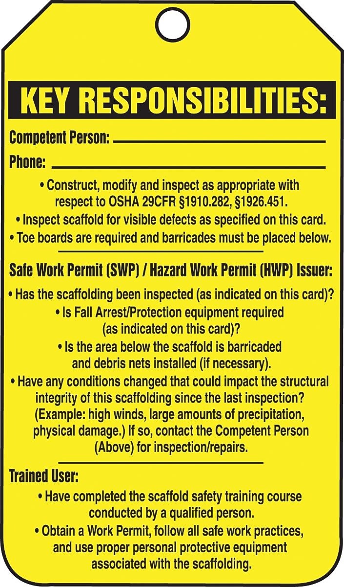 Accuform 5 3/4" x 3 1/4" PF-Cardstock Safety Tags "SCAFFOLD..", Black On Yellow, 25/Pack (TRS318CTP)
