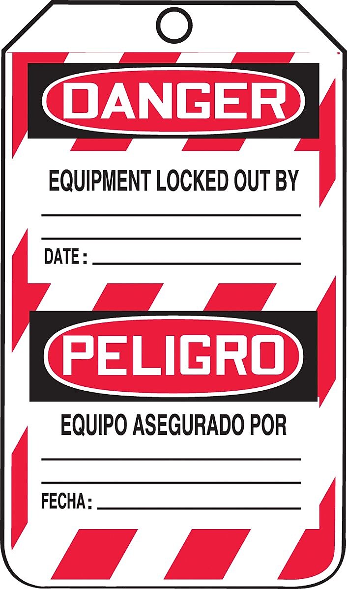 Accuform 5 3/4" x 3 1/4" RP-Plastic Bilingual Lockout Tag "DANGER DO..", Red/Black On White, 25/Pack (TSP101PTP)