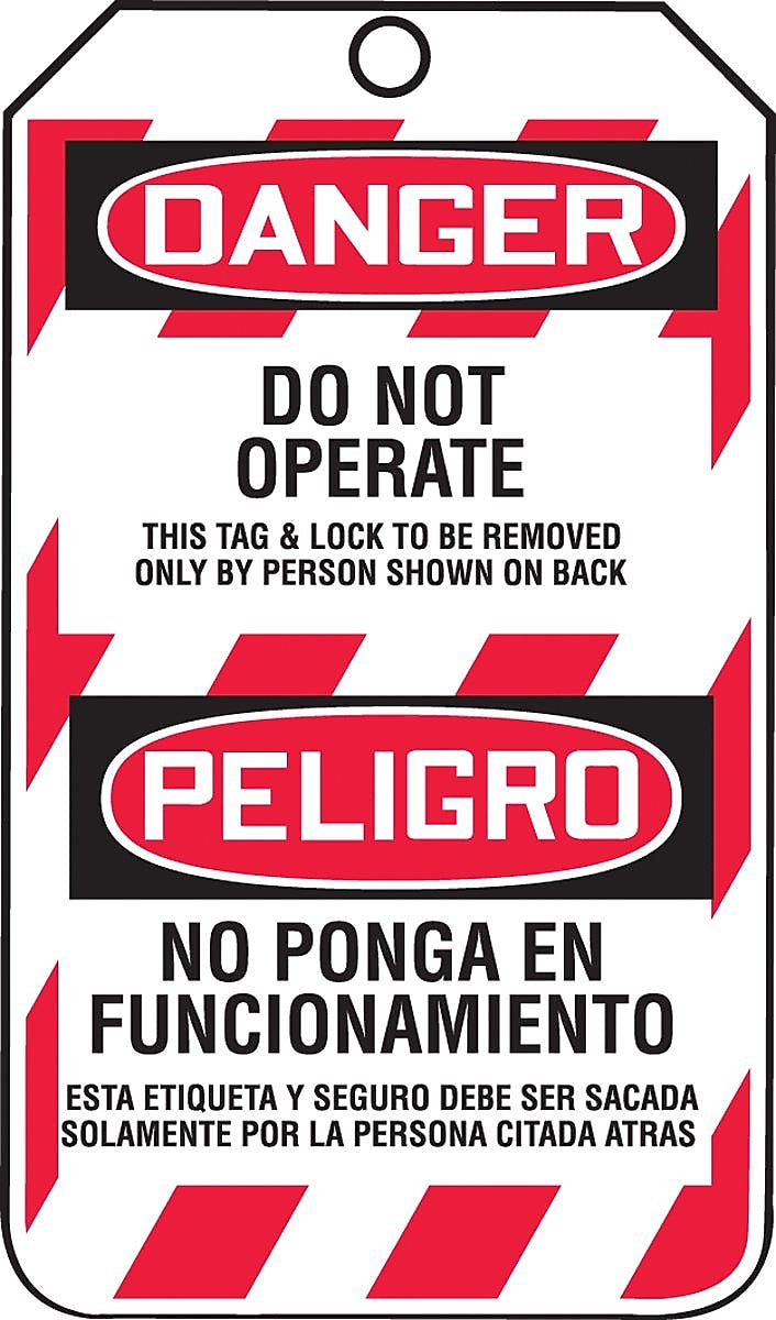 Accuform 5 3/4" x 3 1/4" PF-Cardstock Bilingual Lockout Tag "DANGER DO..", Red/Black On White, 25/Pack (TSP101CTP)