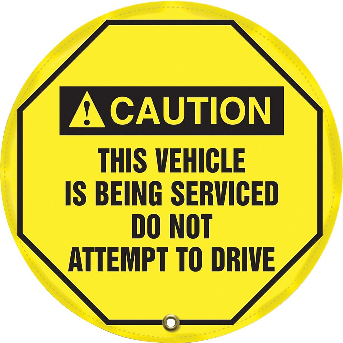 Accuform 24" Steering Wheel Message Cover "CAUTION THIS VEHICLE IS BEING..", Black On Yellow (KDD738)