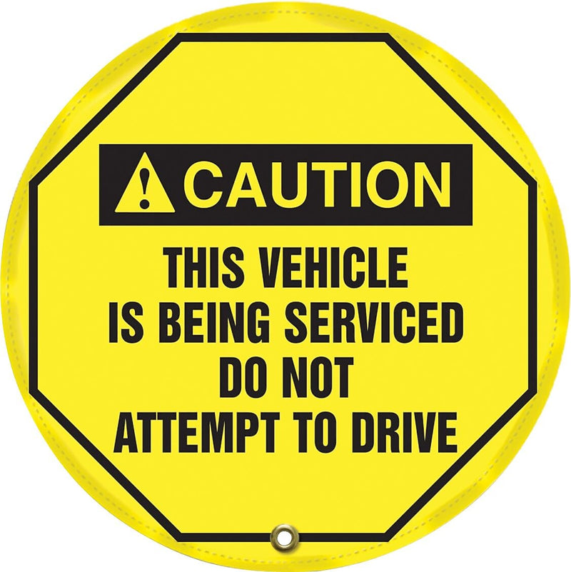 Accuform 24" Steering Wheel Message Cover "CAUTION THIS VEHICLE IS BEING..", Black On Yellow (KDD738)