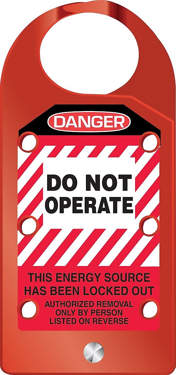 Accuform STOPOUT 6.75" x 3.125" Aluminum Hasp "DANGER DO NOT..", White/Black On Red (KDH641)